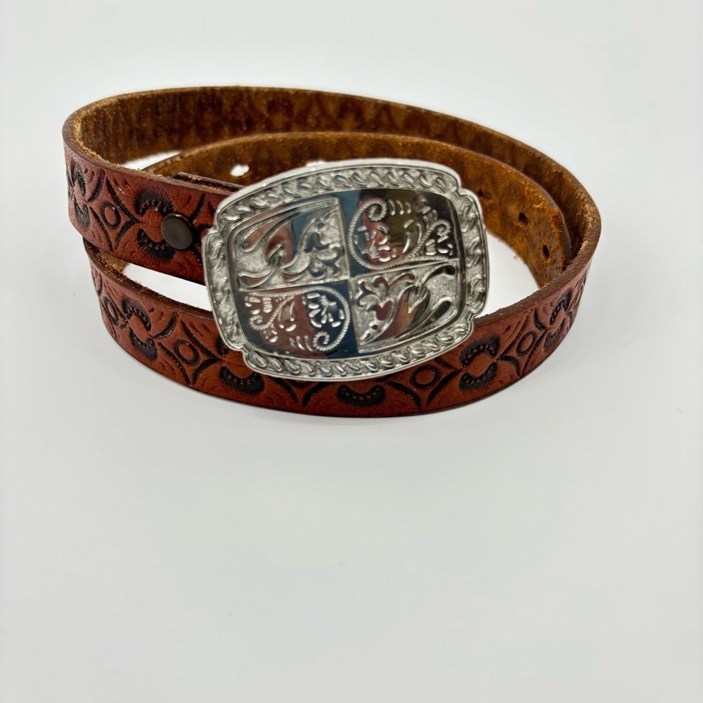 Unbranded Tooled Leather Belt with Silver Buckle